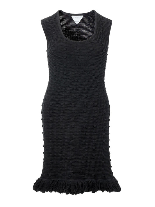 Elegant Black Knitted Pencil Dress with Fringes