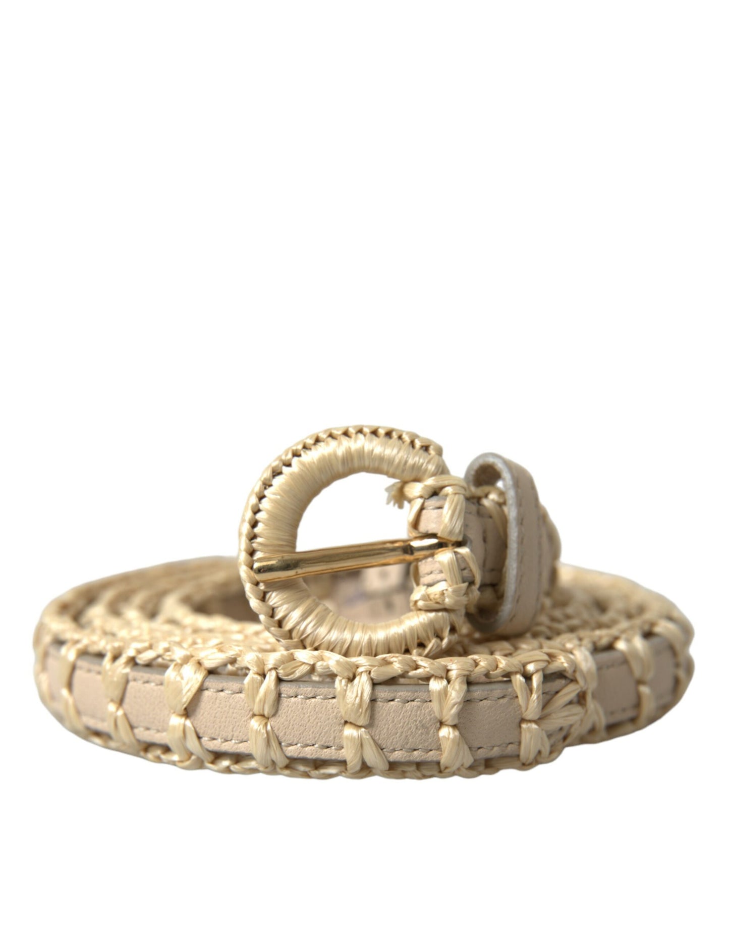 Beige Raffia Leather Metal Buckle Belt