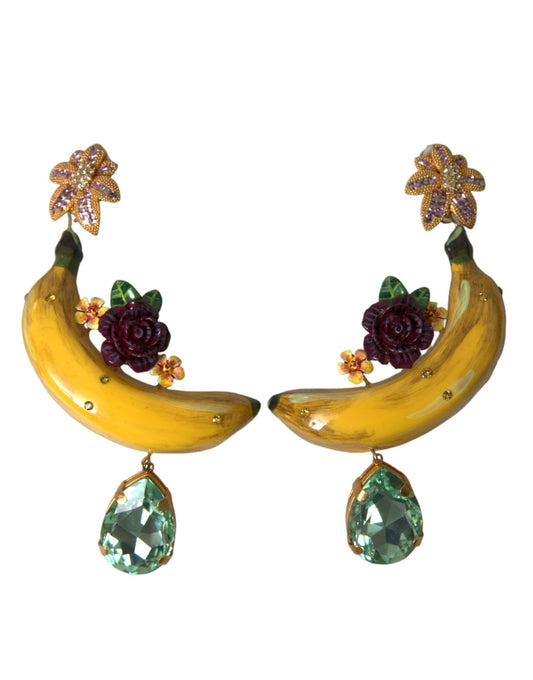 Gold Brass Crystal Banana Clip-on Jewelry Dangling Earrings