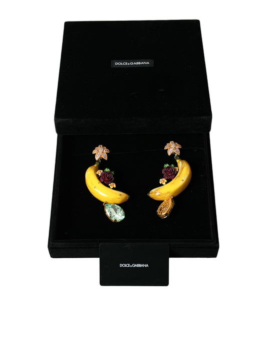 Gold Brass Crystal Banana Clip-on Jewelry Dangling Earrings