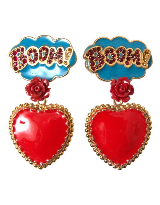 Gold Brass BOOM Cartoon Heart Crystal Clip-On Earrings