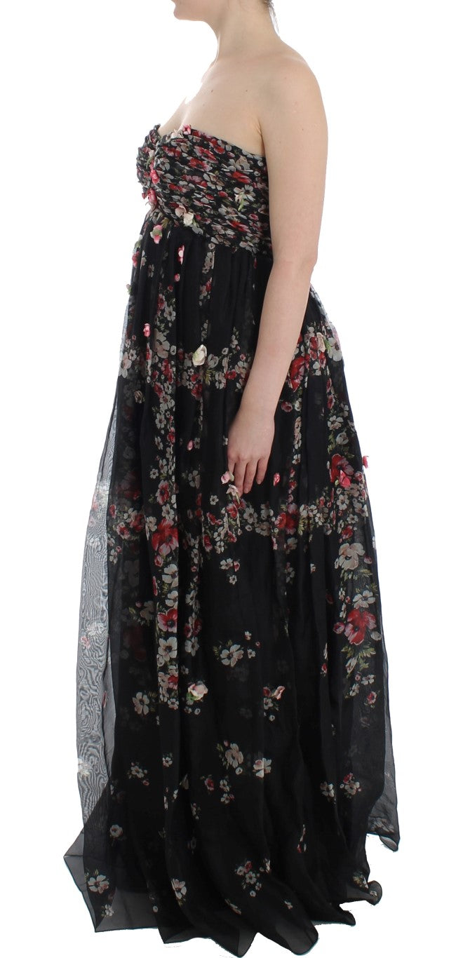 Masterpiece black floral print silk runway dress