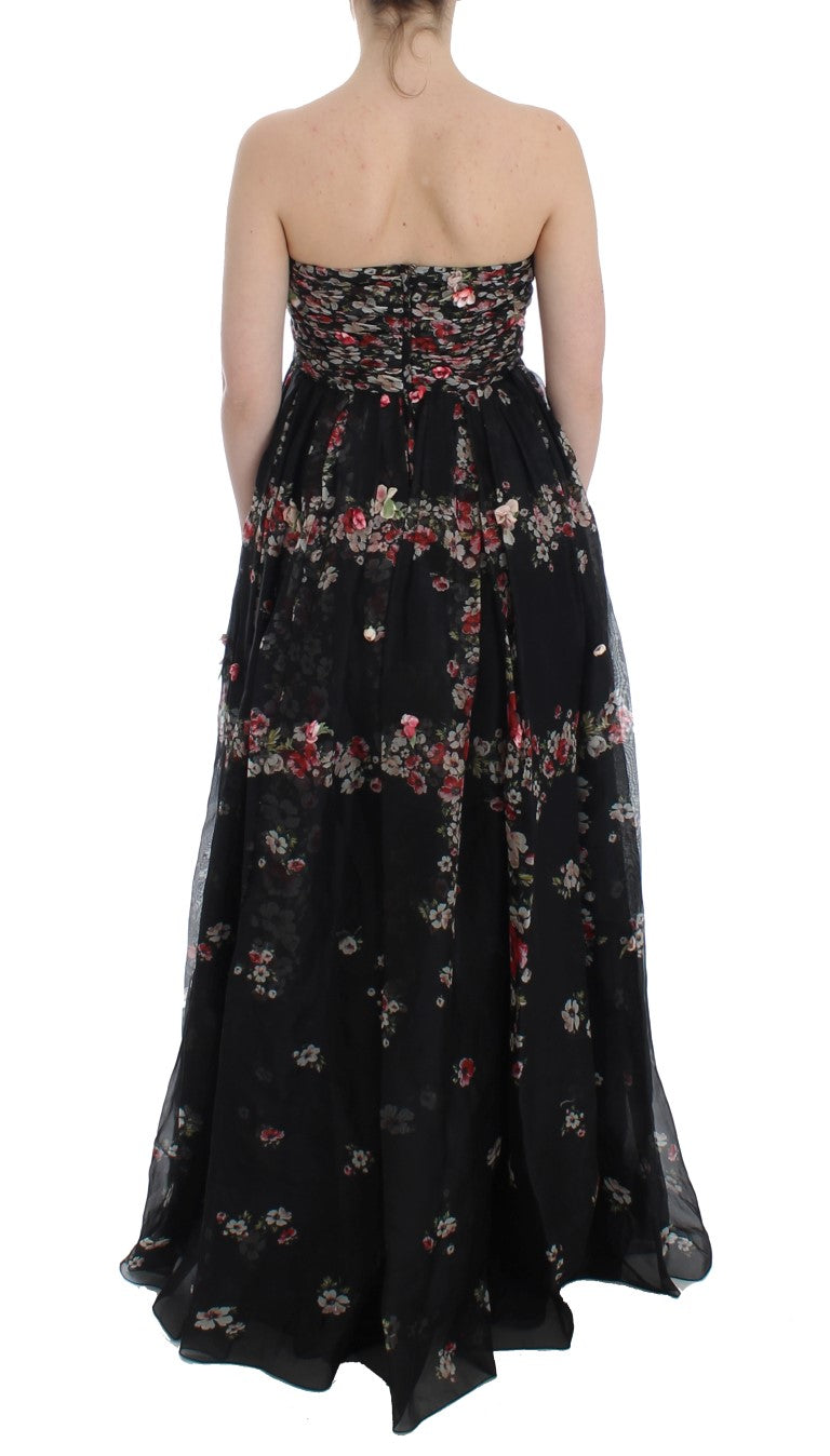 Masterpiece black floral print silk runway dress