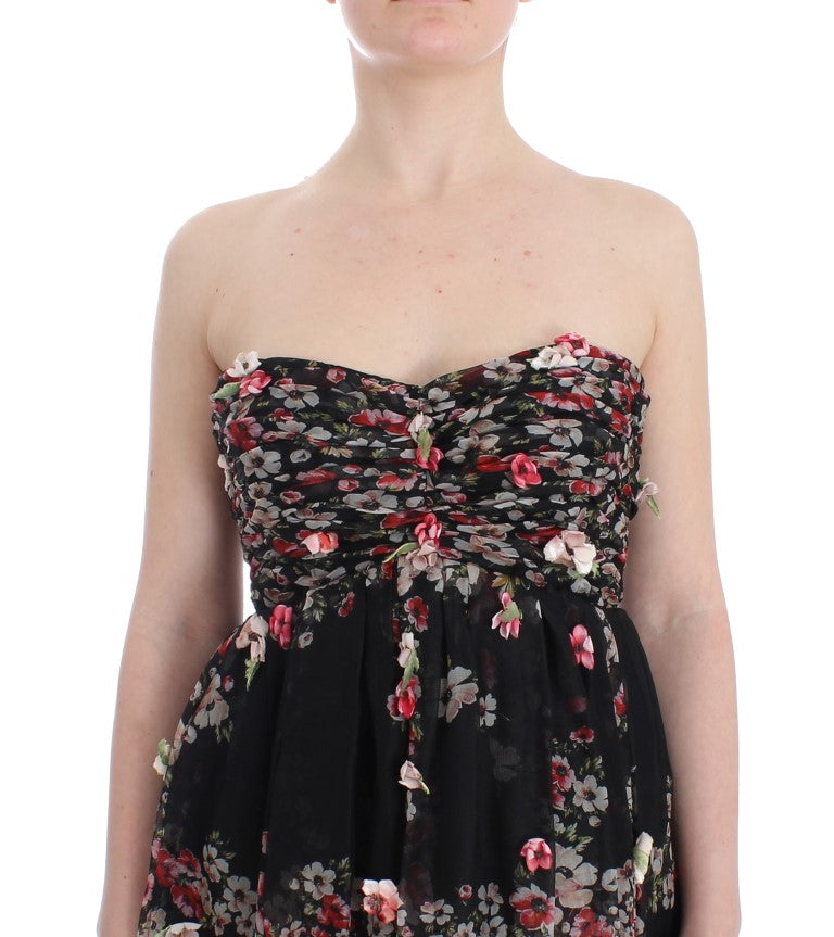 Masterpiece black floral print silk runway dress