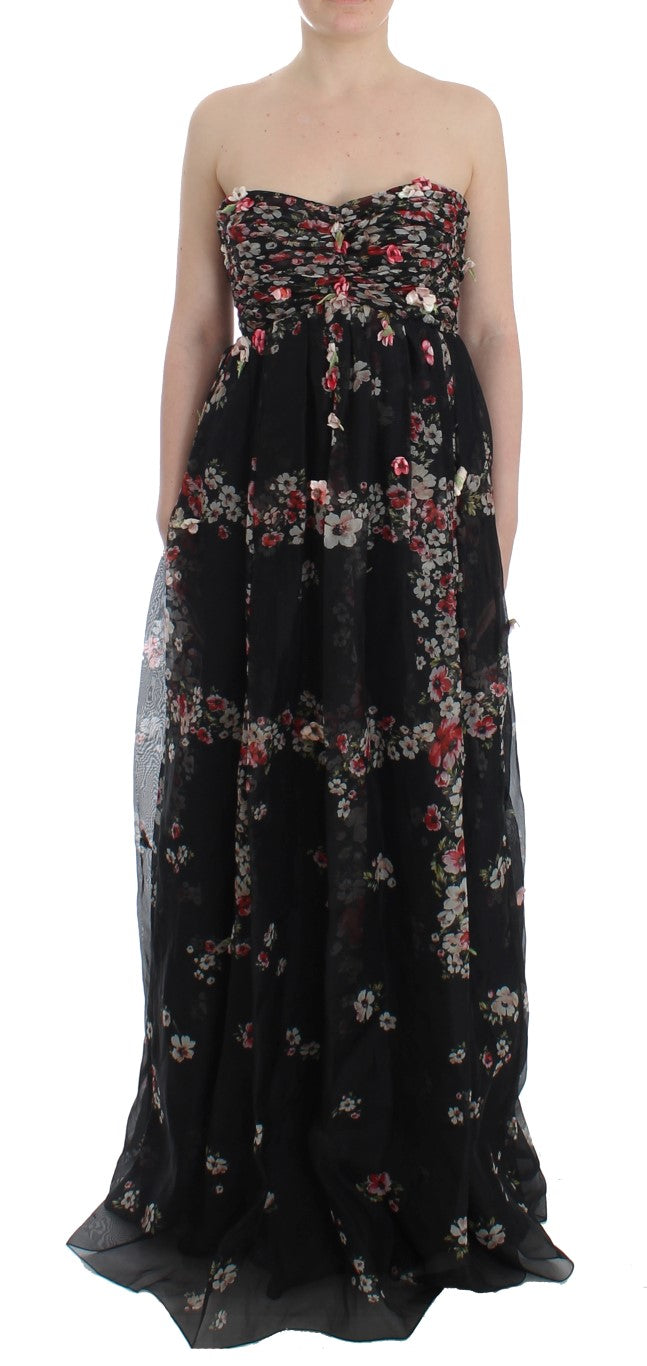 Masterpiece black floral print silk runway dress