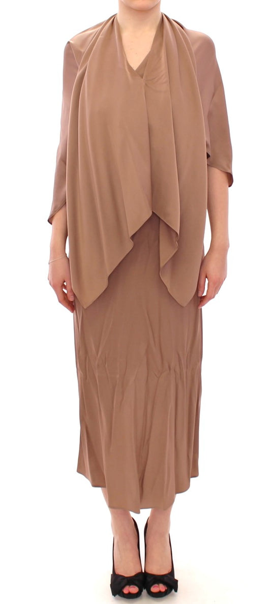 Brown Draped Silk Sheath Shift Coctail Dress