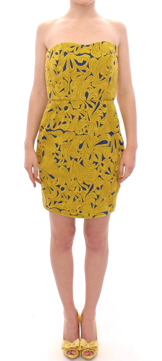 Blue Yellow Strapless Bubble Mini Shift Dress