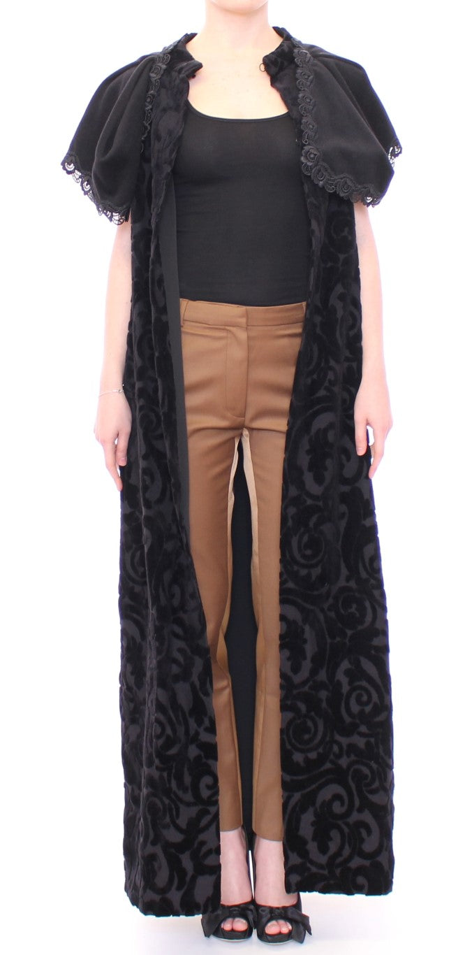 Black Cotton Brocade Long Cape Coat Jacket