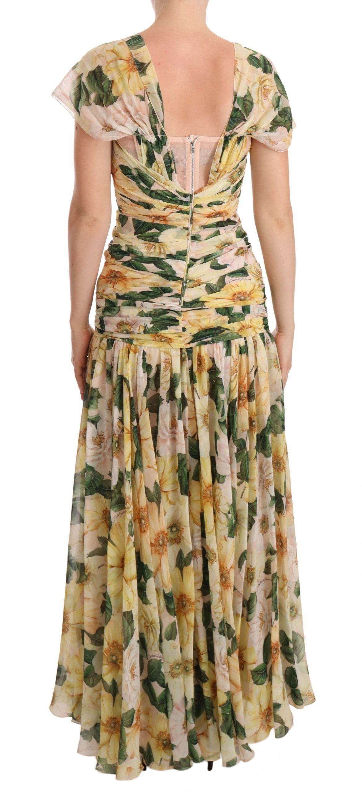 Yellow Silk Floral Print Pleated Max Dress