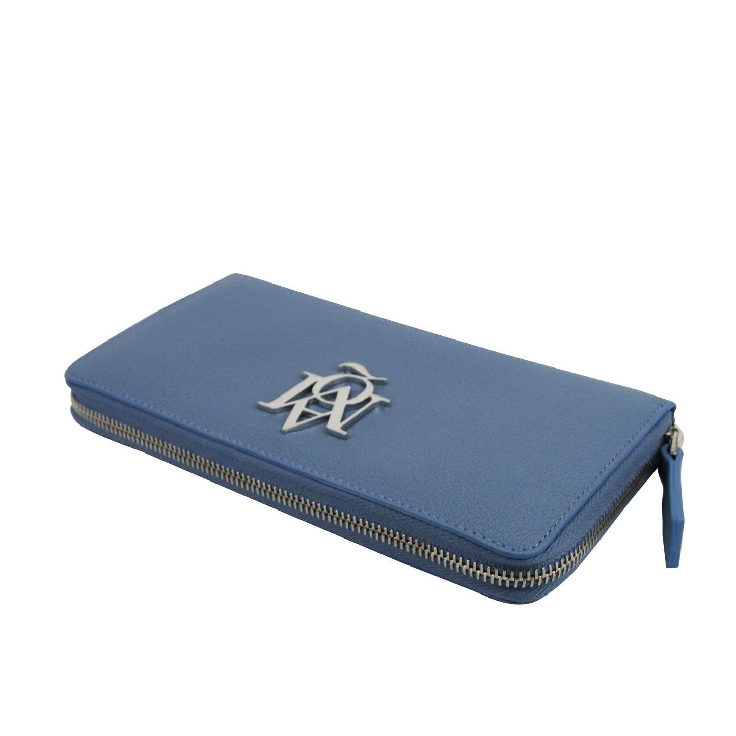 Alexander McQueen Women's Gold Logo Blue Leather Zip Around Wallet