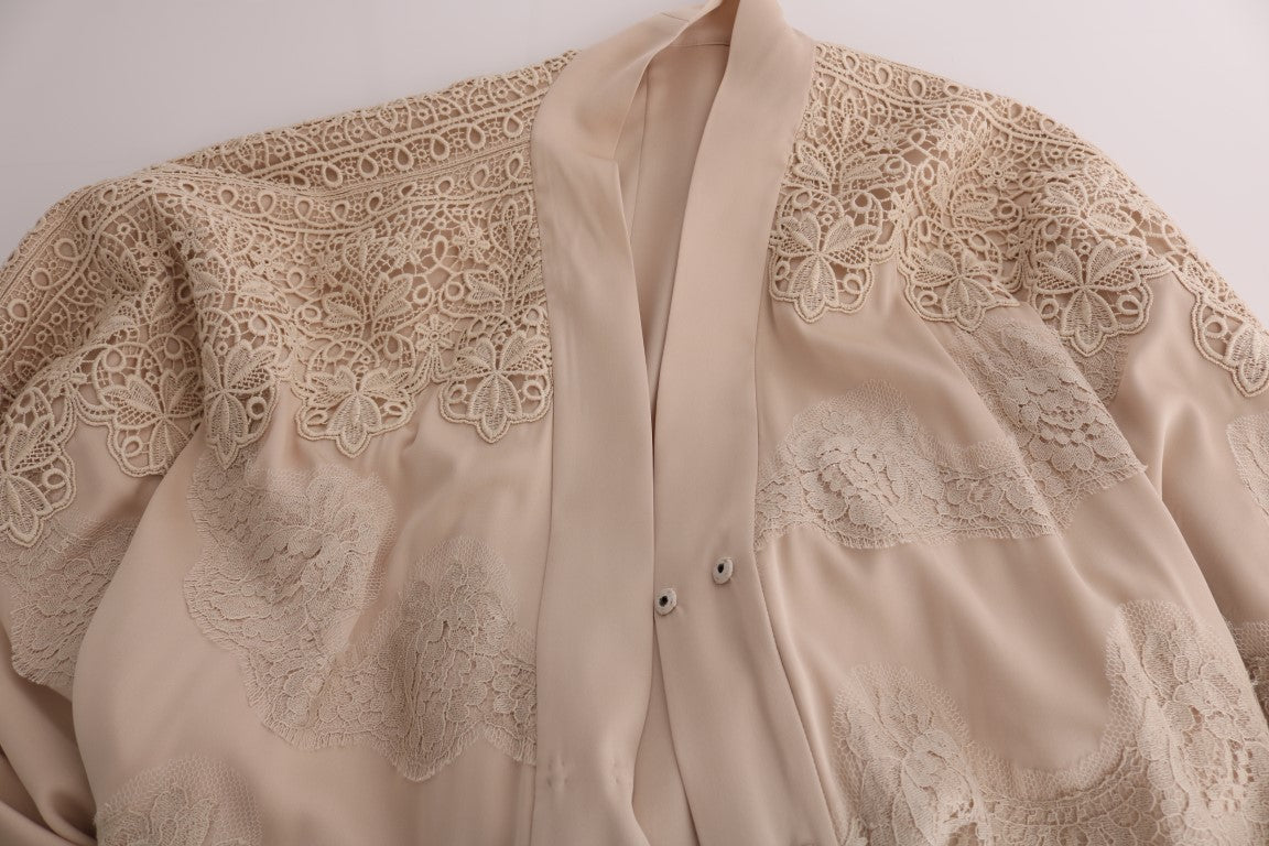 Beige Floral Applique Lace Kaftan Dress