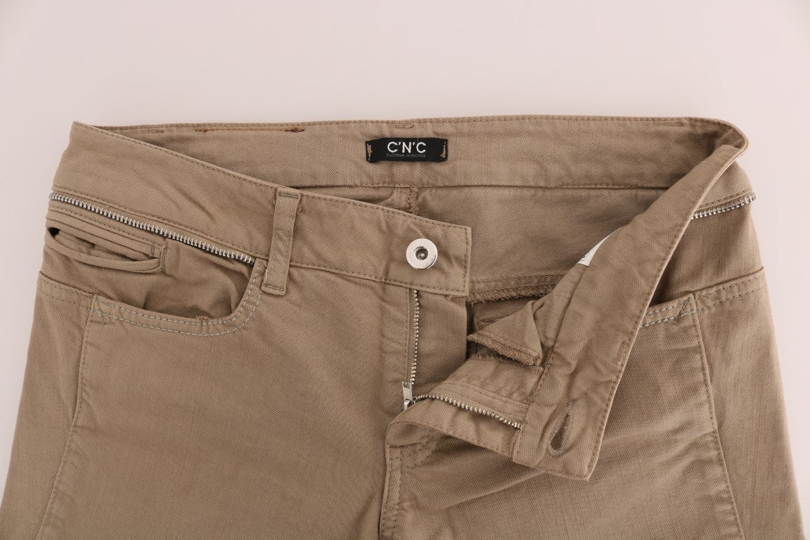 Beige Cotton Stretch Slim Fit Jeans