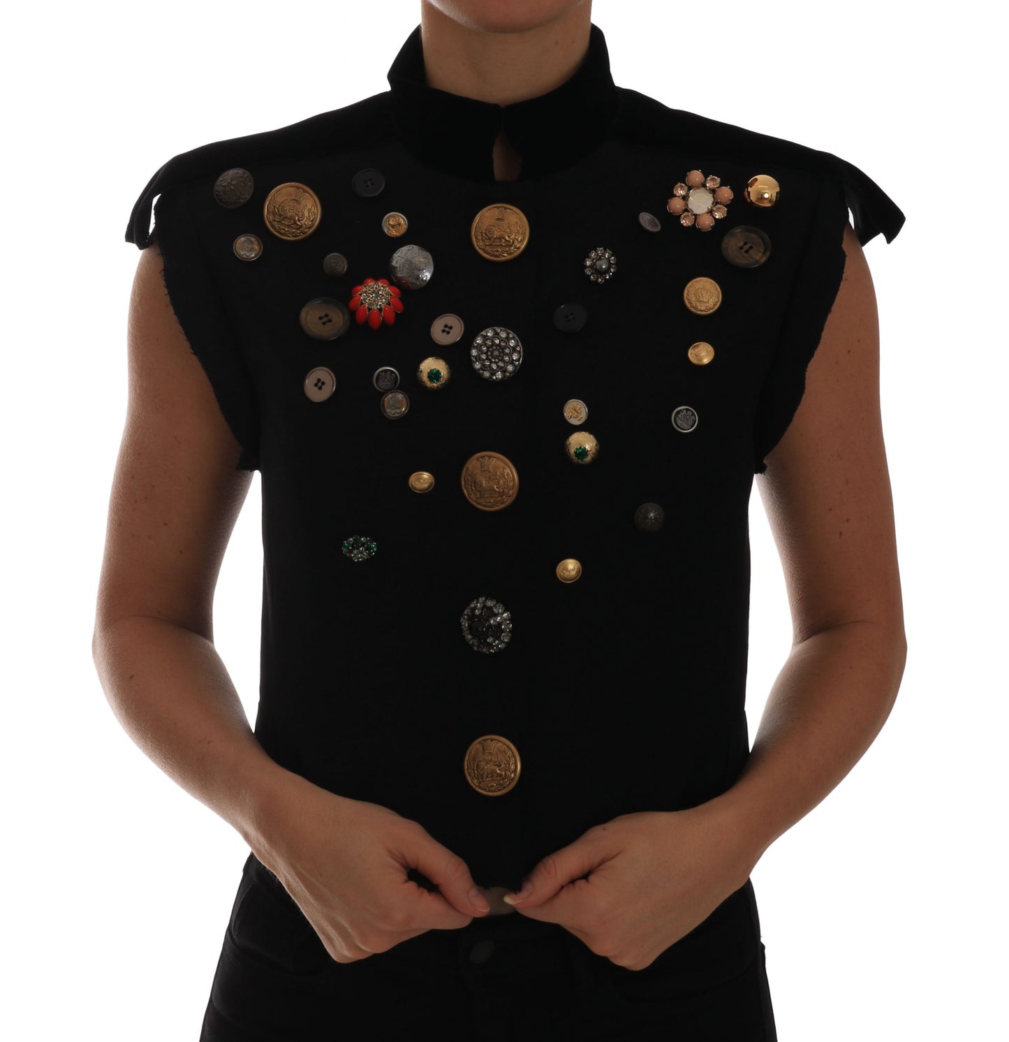 Black Embellished Floral Military Jacket Vest