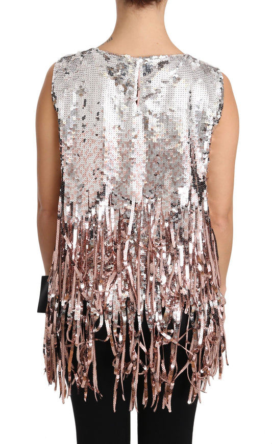 Golden Pink Sequined Fringe Tank Top