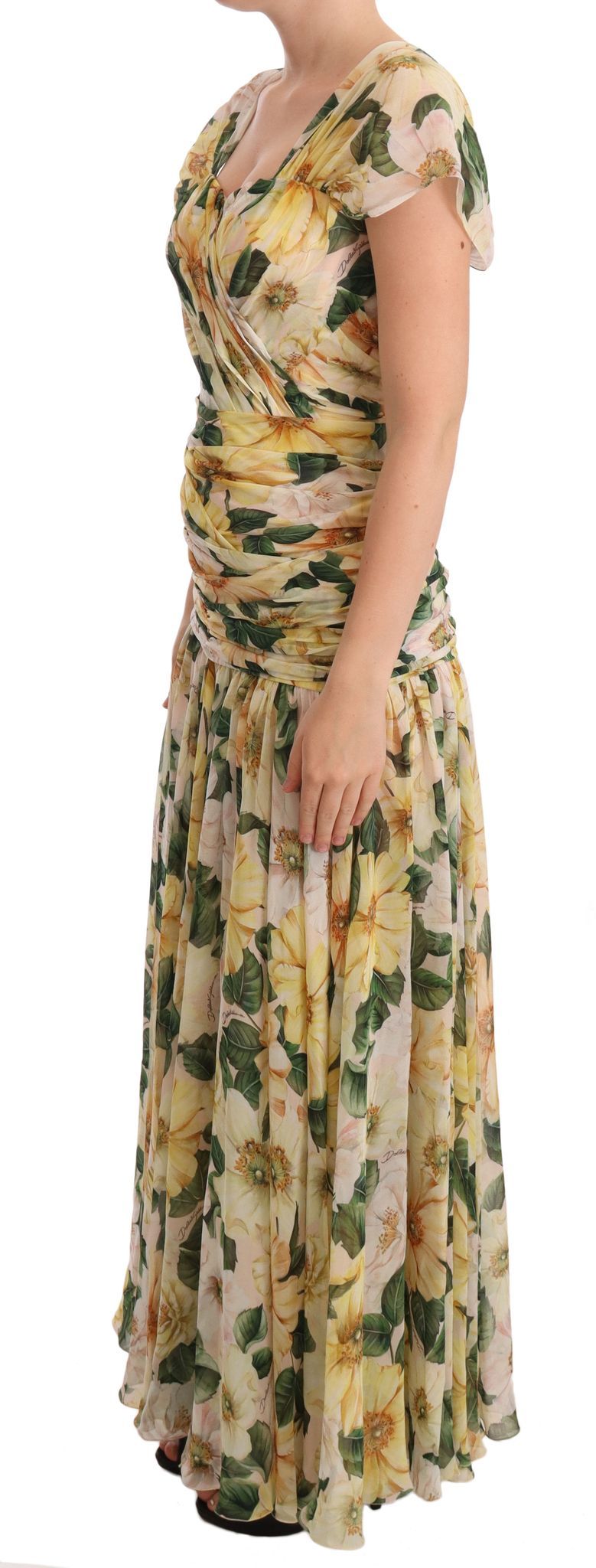 Yellow Silk Floral Print Pleated Max Dress