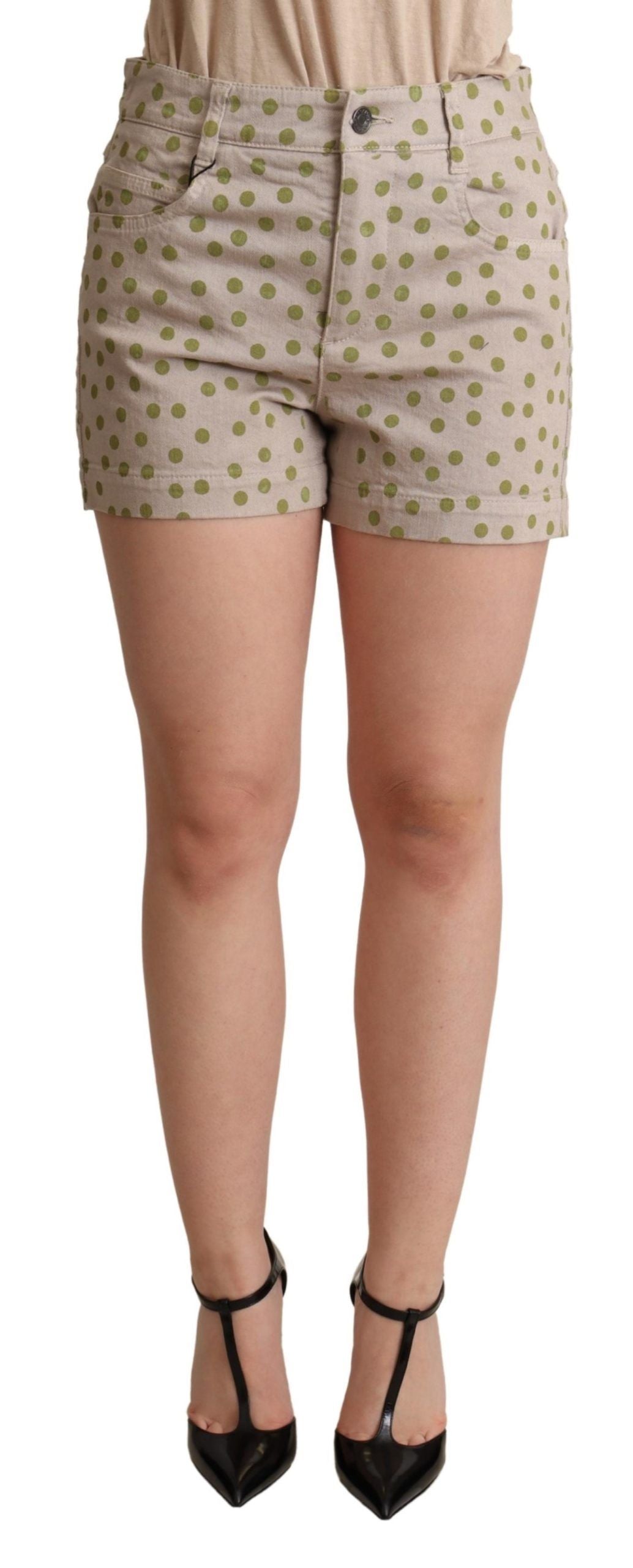 Beige Polka Dots Denim Cotton Stretch Shorts