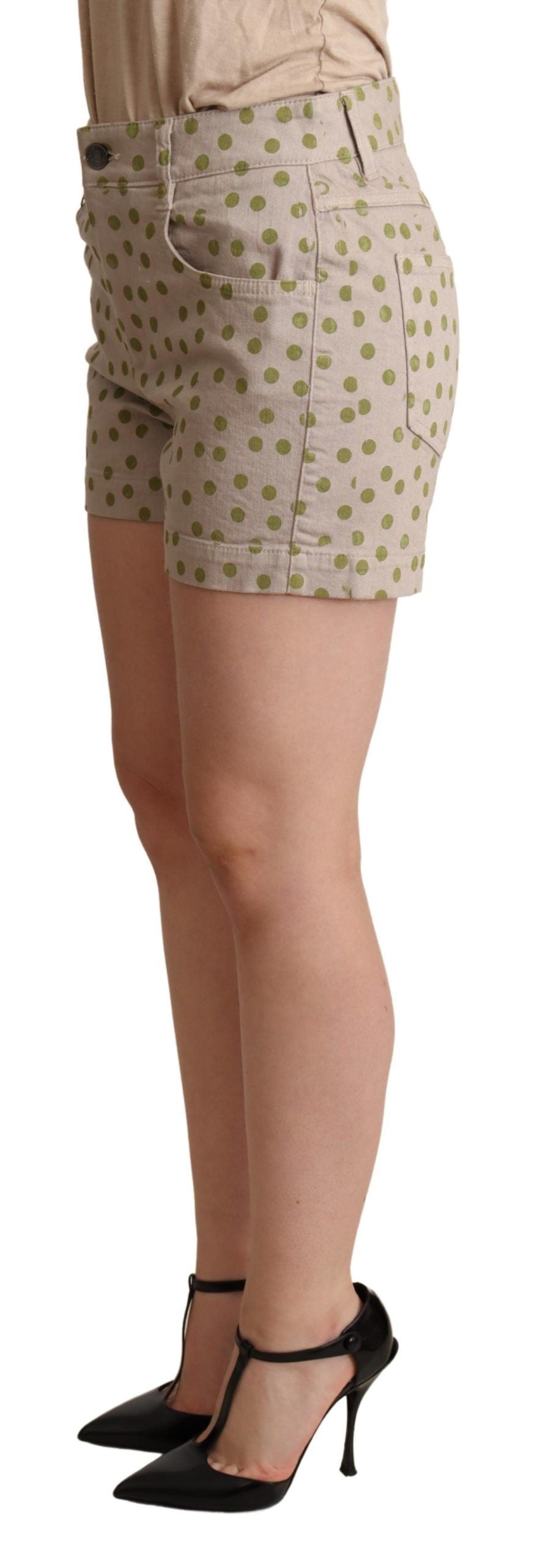 Beige Polka Dots Denim Cotton Stretch Shorts