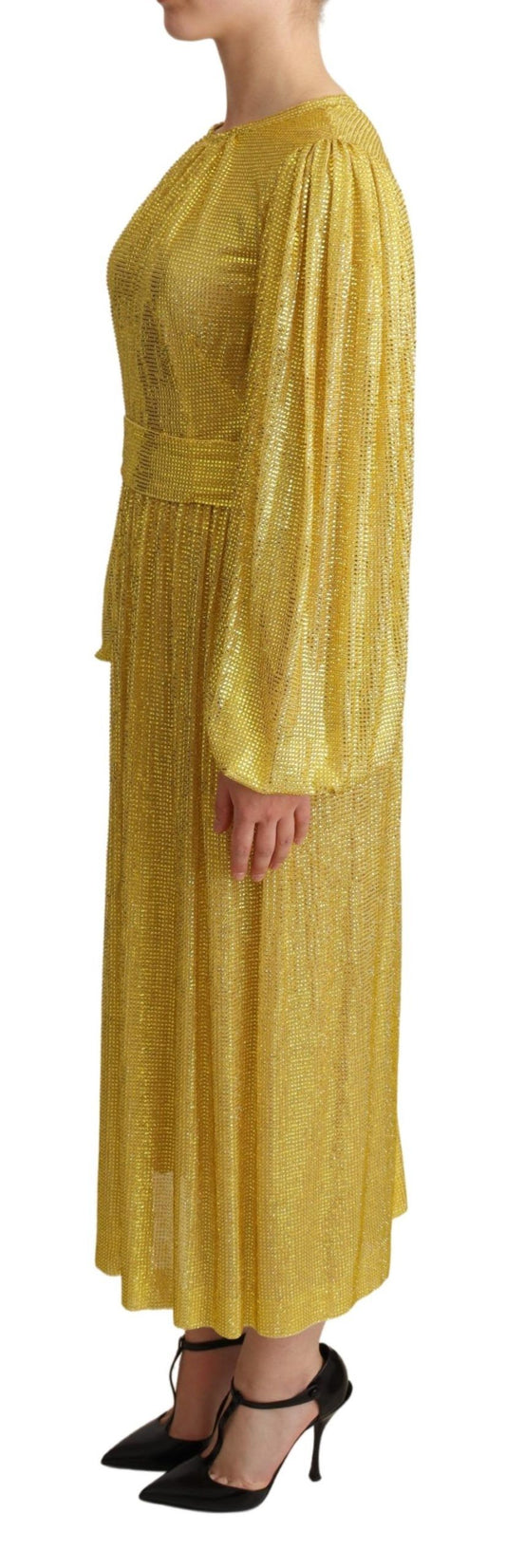 Yellow Crystal Mesh Pleated Maxi Dress