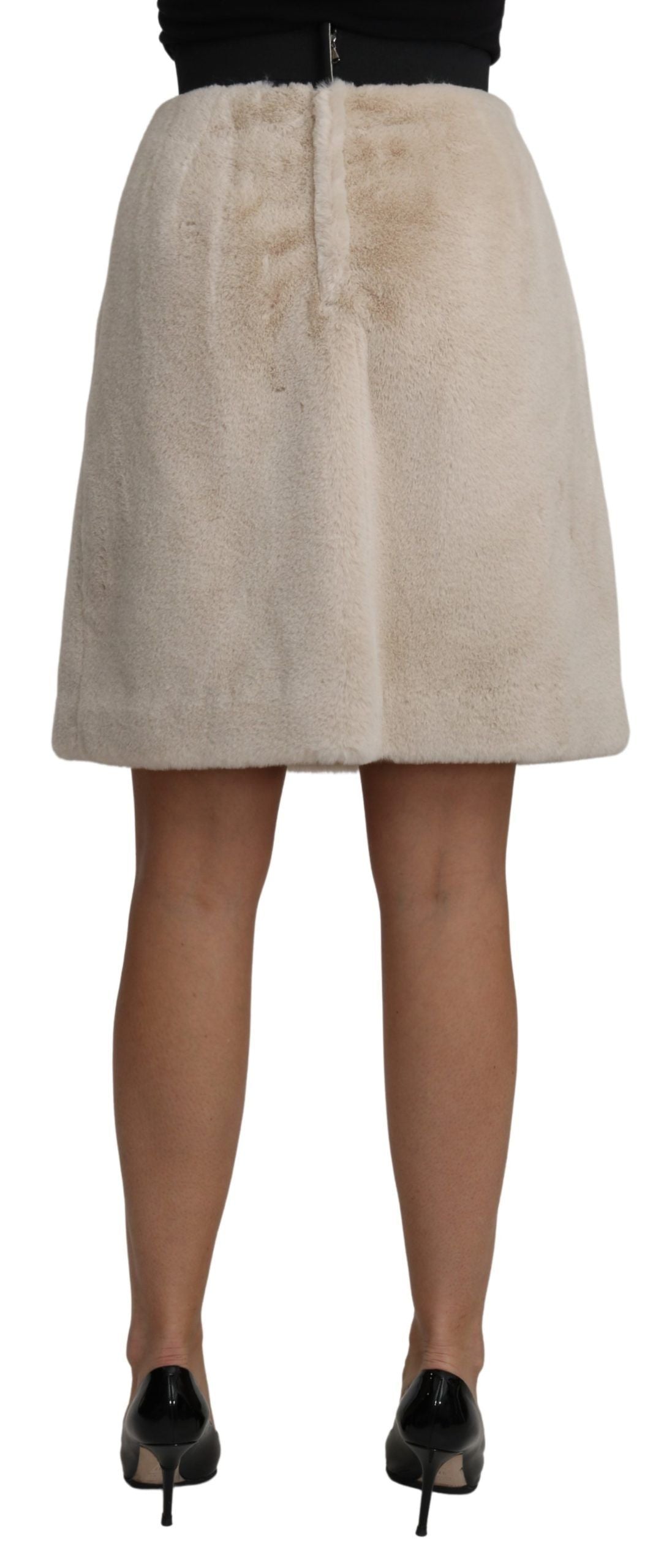 Beige High Waist A-line Mini Fur Skirt