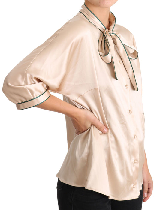 Beige Ribbon Silk Stretch Top Blouse