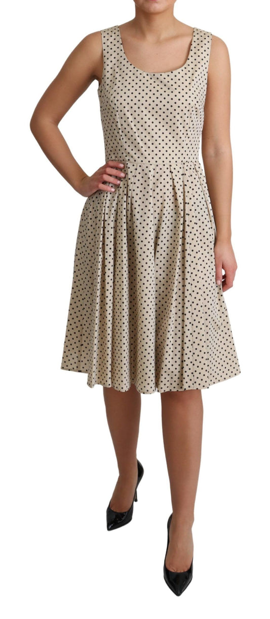 Beige Polka Dotted Cotton A-Line Dress