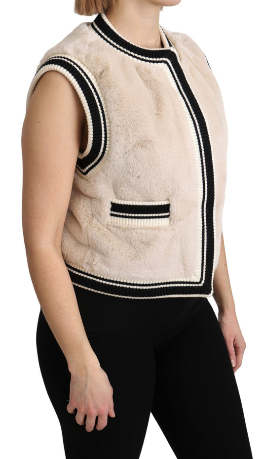 Beige Fur Sleeveless Vest Polyester Top