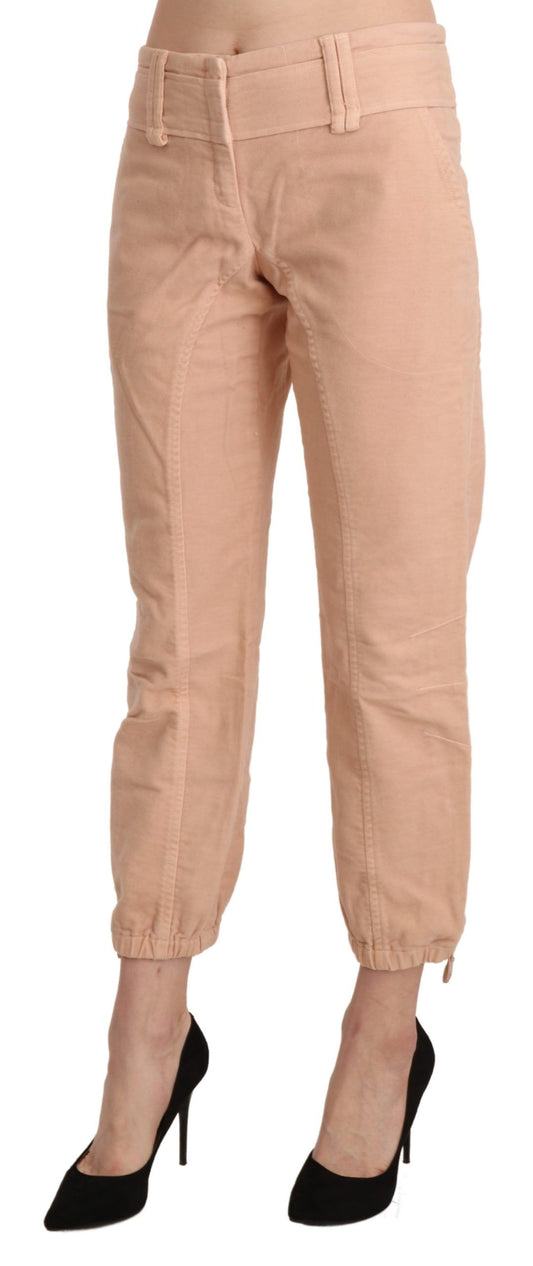 Beige Mid Waist Cropped Cotton Trouser Pants