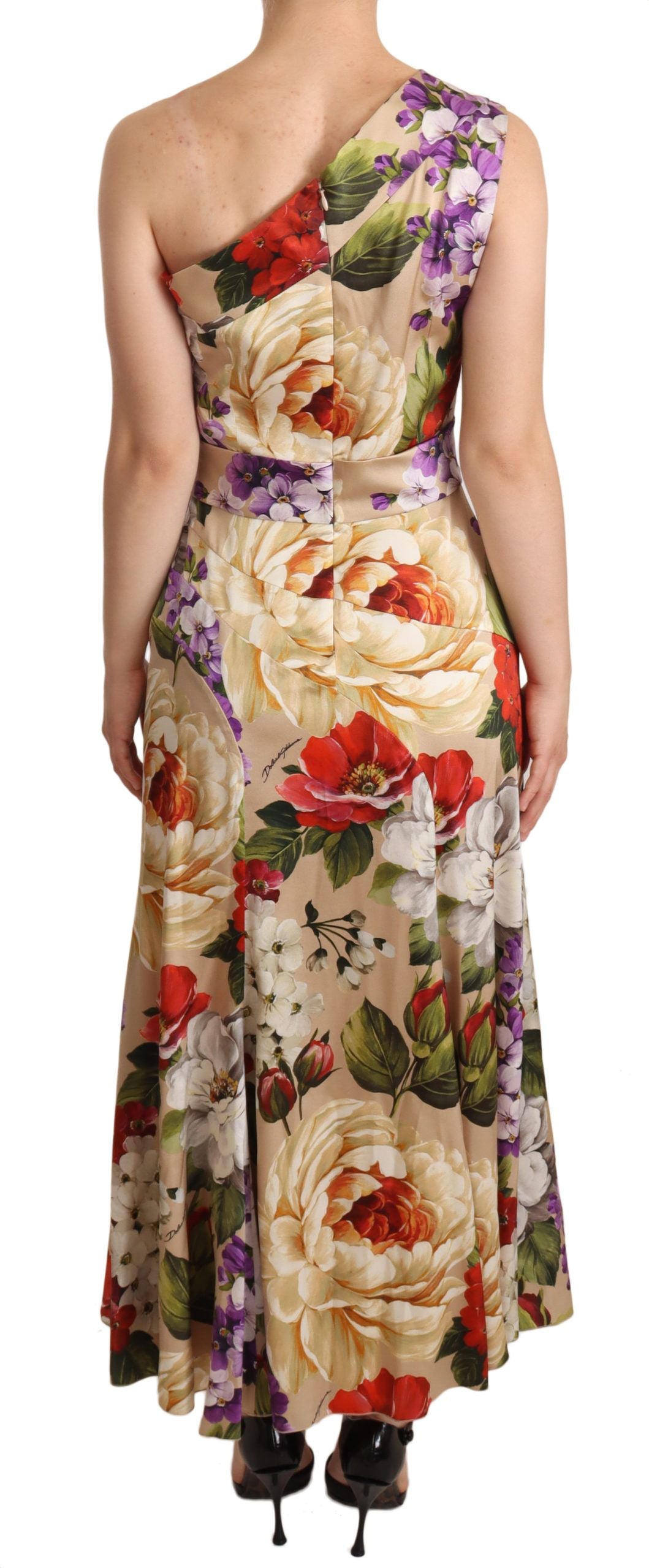 Beige One Shoulder Floral Mid Length Dress