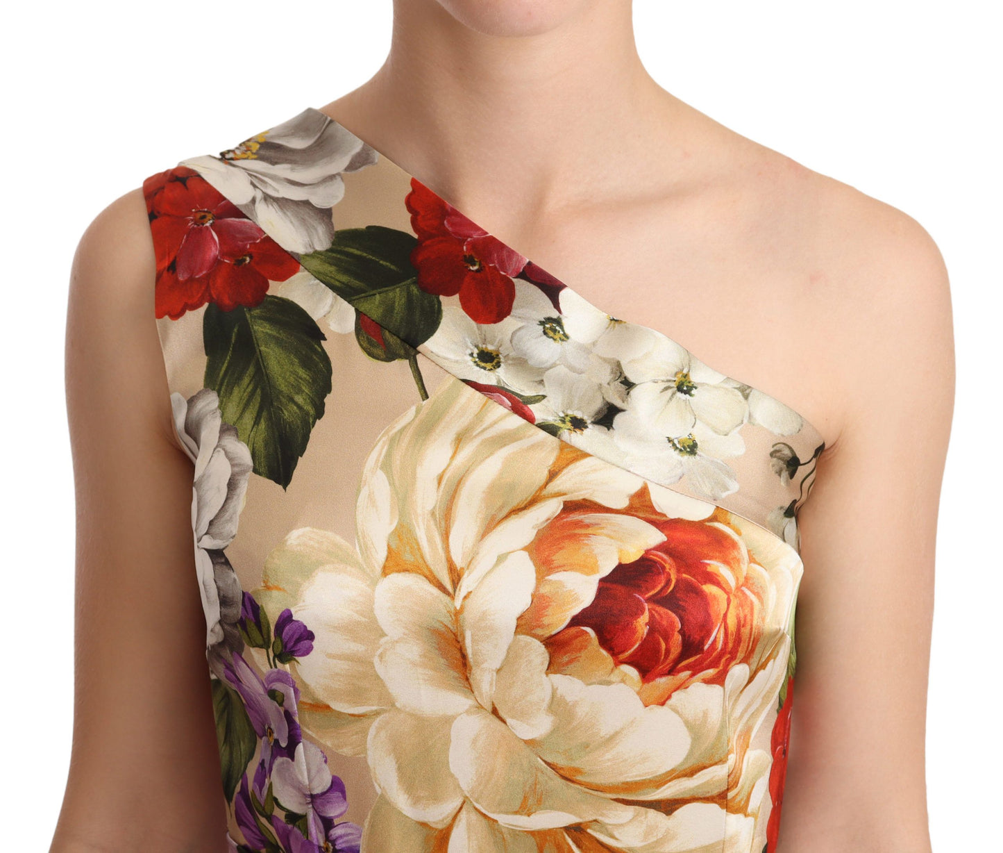 Beige One Shoulder Floral Mid Length Dress