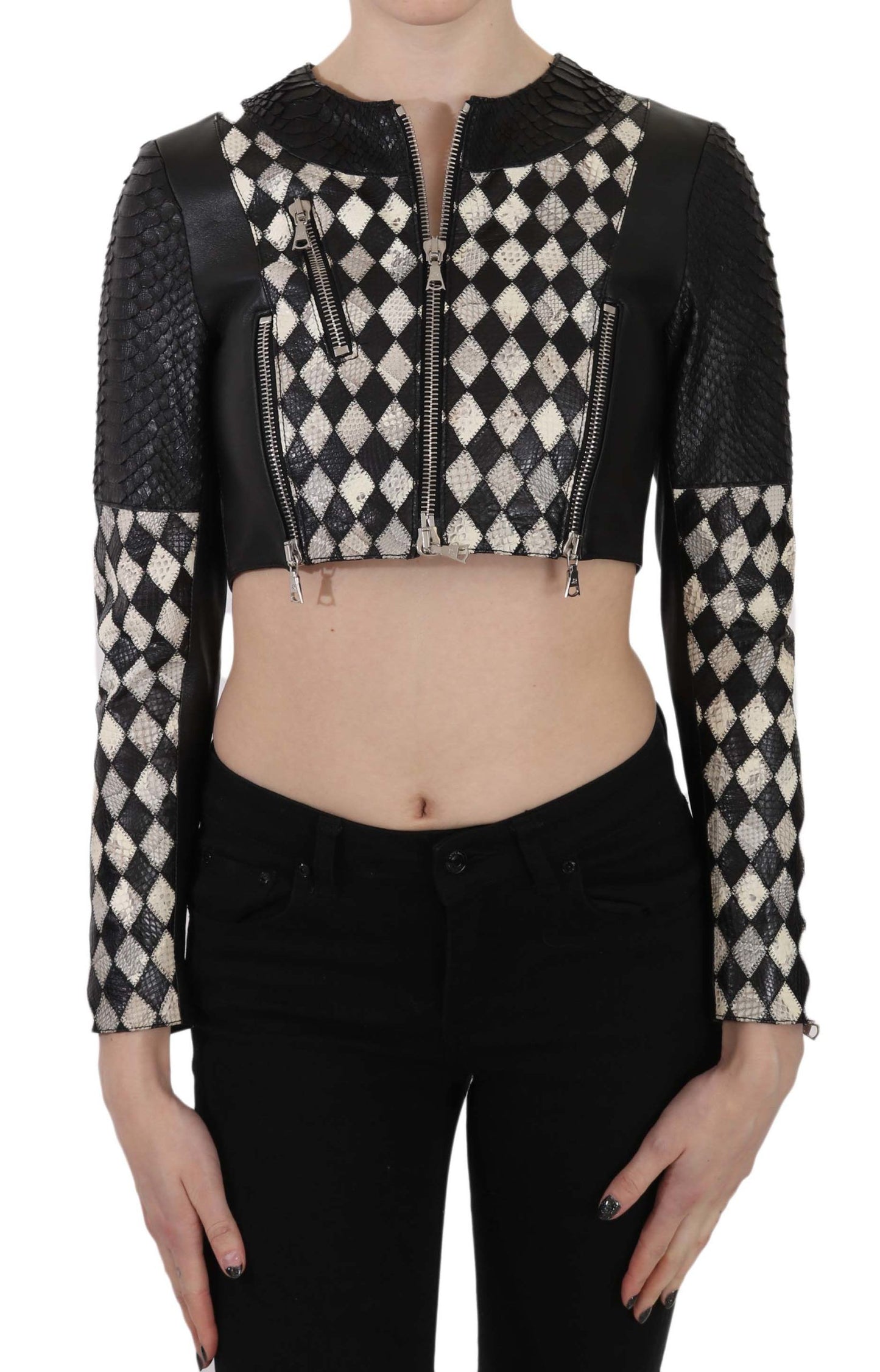 Black White Leather Short Cropped Biker Jacket Coat