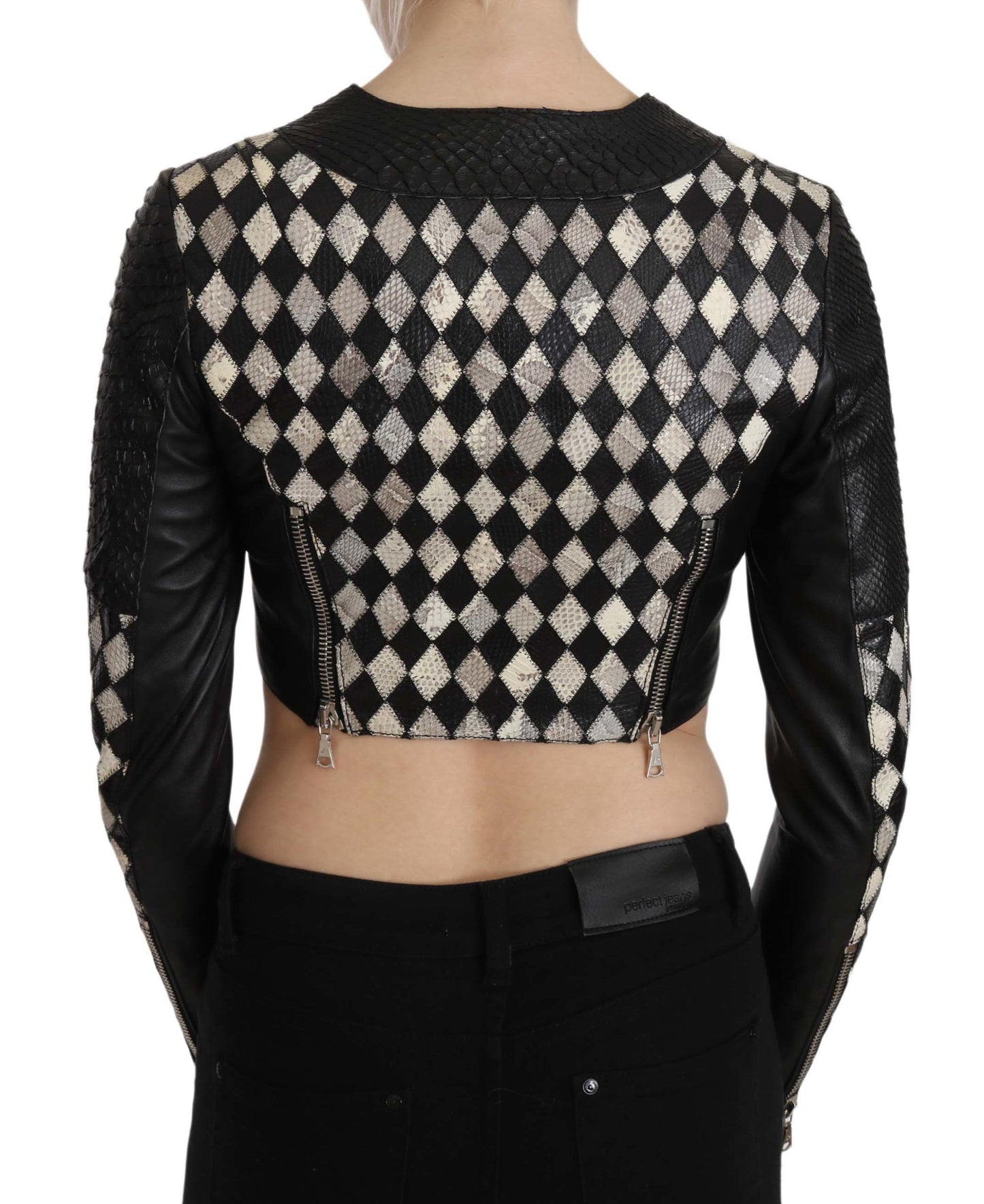 Black White Leather Short Cropped Biker Jacket Coat