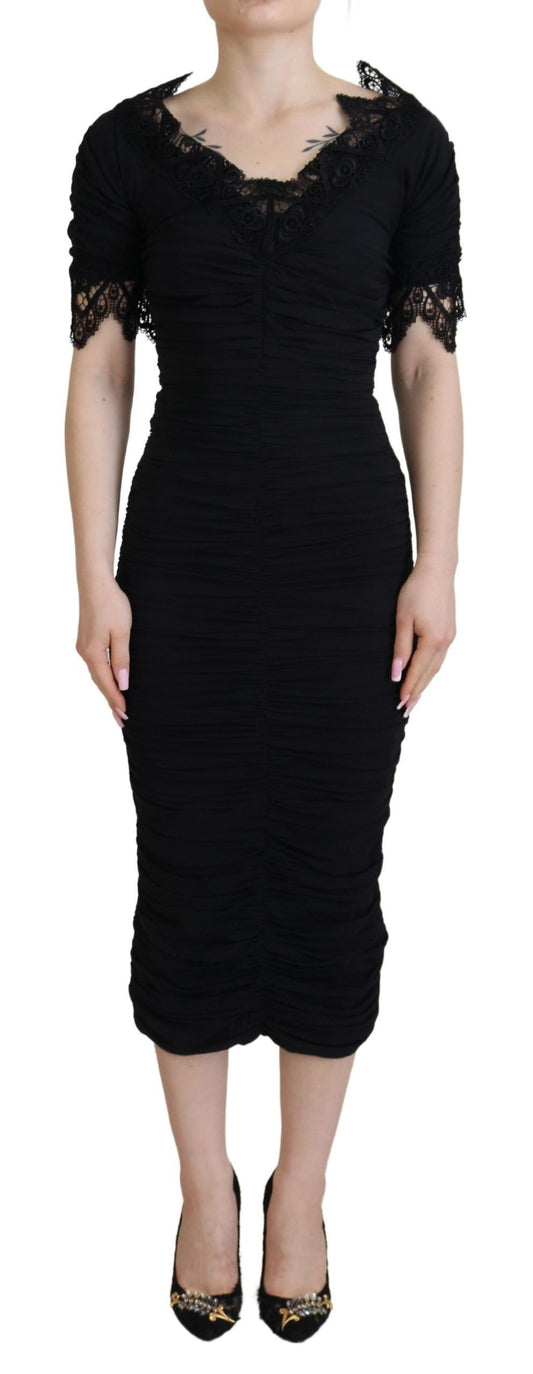 Black Sheath Midi Bodycon Lace Silk Dress