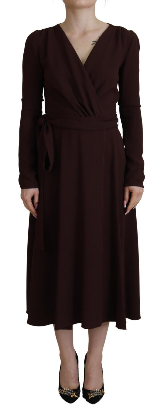 Brown Wrap Long Sleeve Midi Stretch Dress