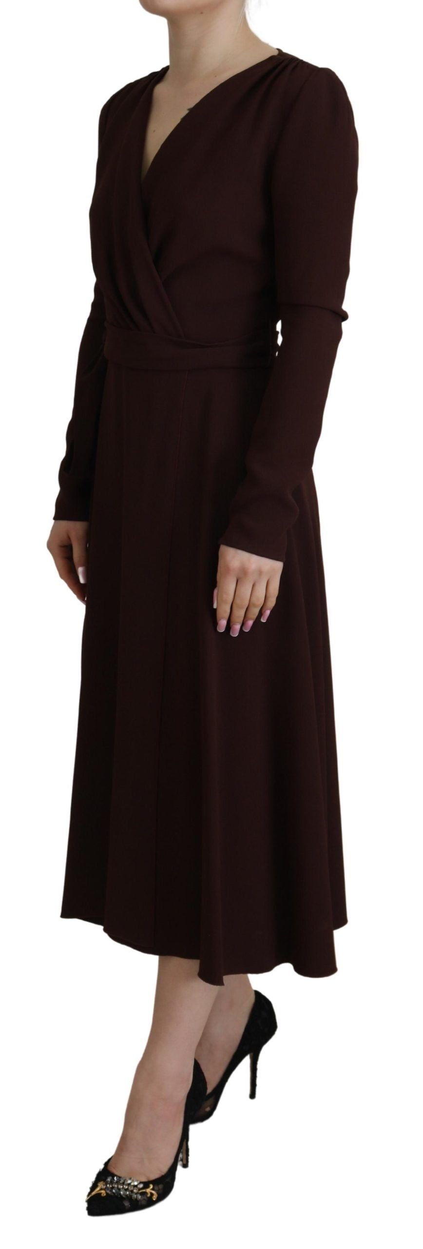 Brown Wrap Long Sleeve Midi Stretch Dress