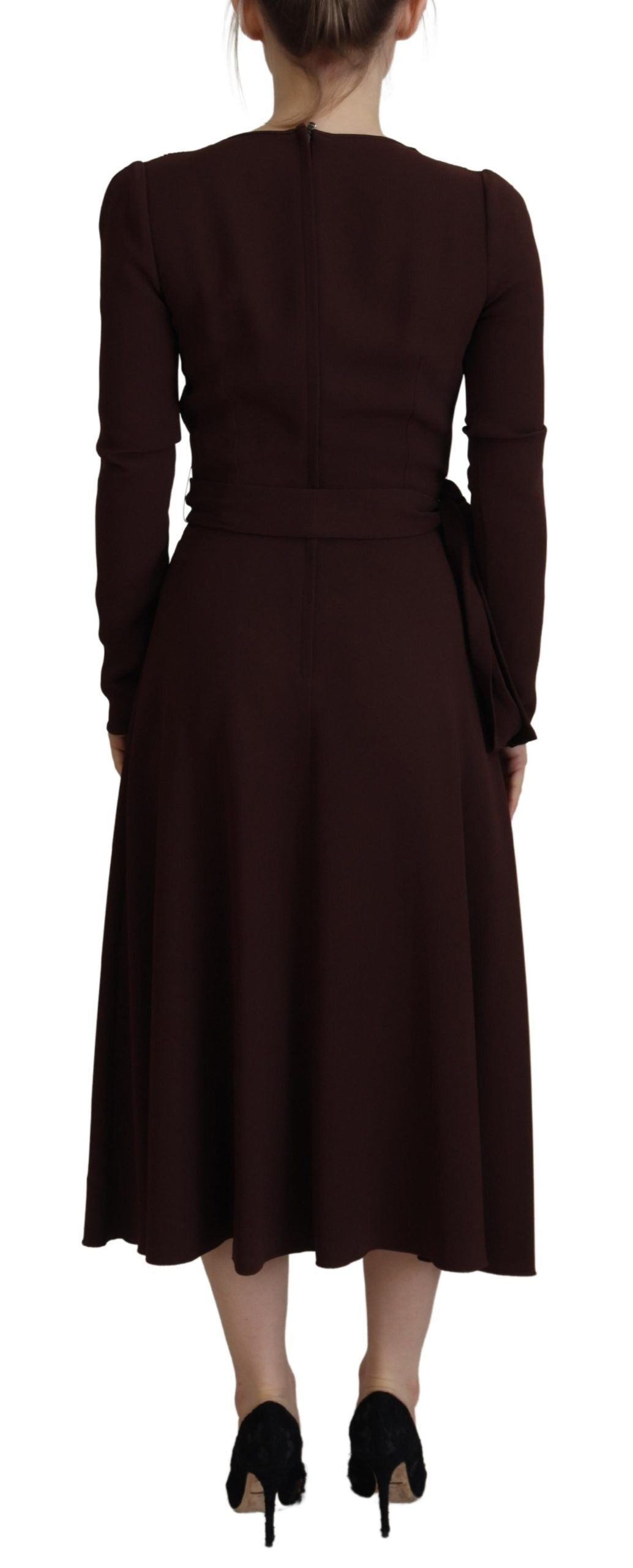 Brown Wrap Long Sleeve Midi Stretch Dress