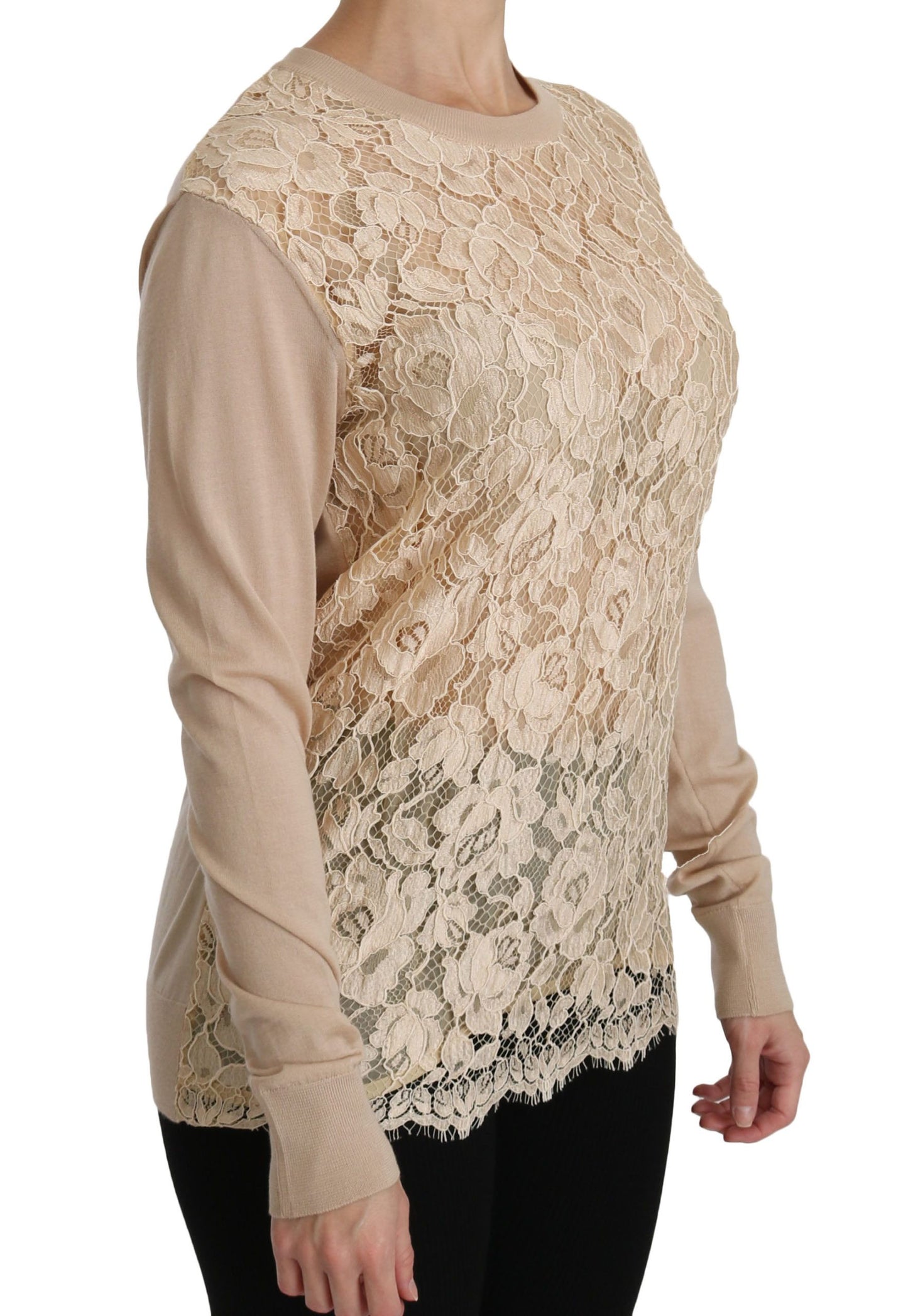 Beige Lace Long Sleeve Top Cashmere Blouse