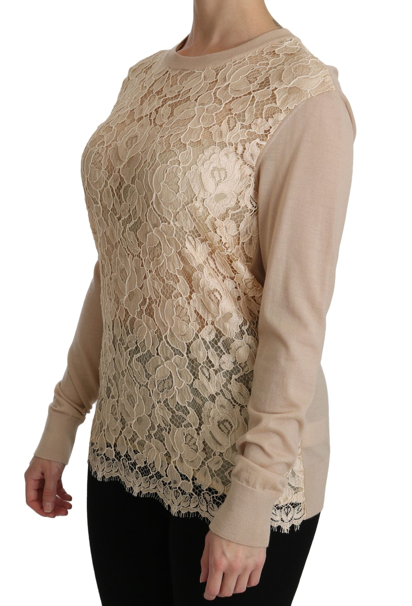 Beige Lace Long Sleeve Top Cashmere Blouse