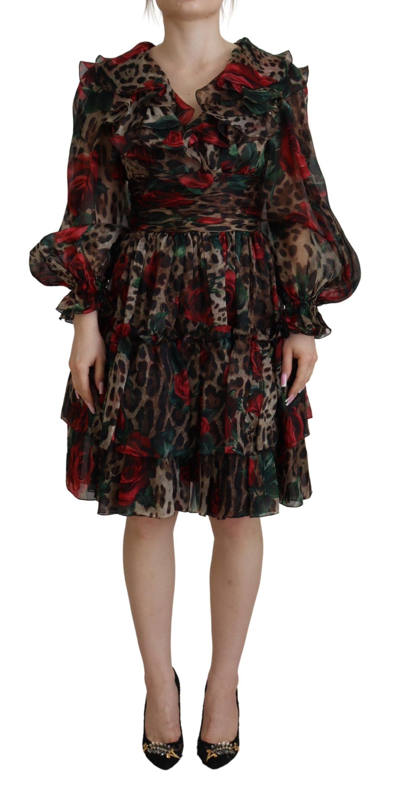 Brown Leopard Roses Silk Ruffled Gown Dress