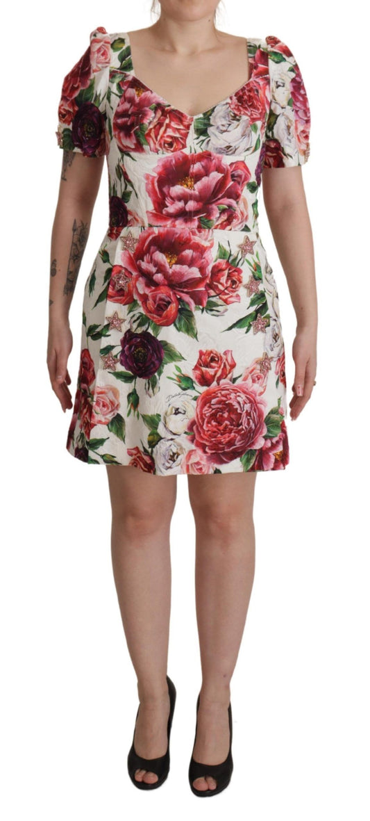 White Peony Print A-line Mini Cotton Dress