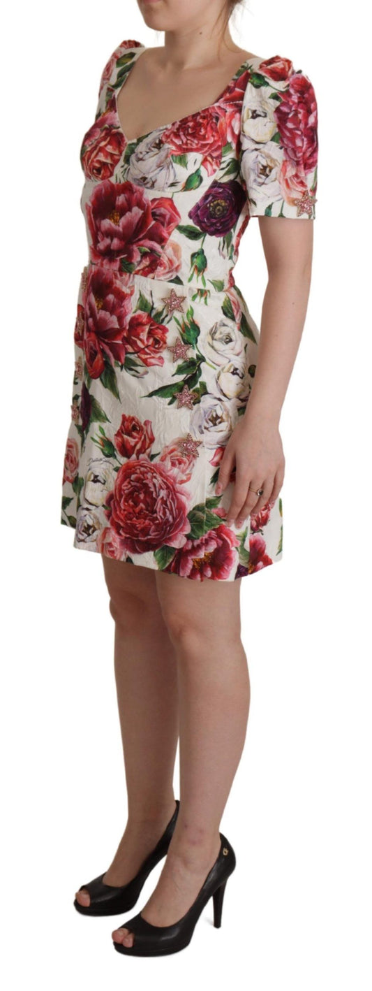 White Peony Print A-line Mini Cotton Dress