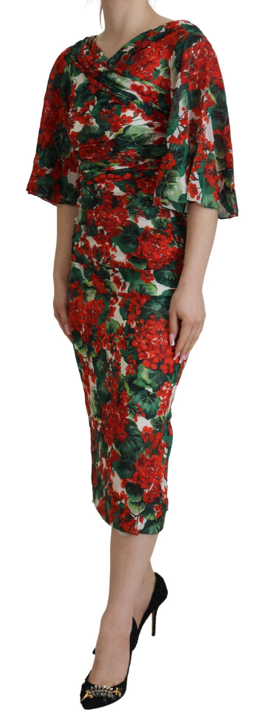 Multicolor Geranium Silk Sheath Midi Dress