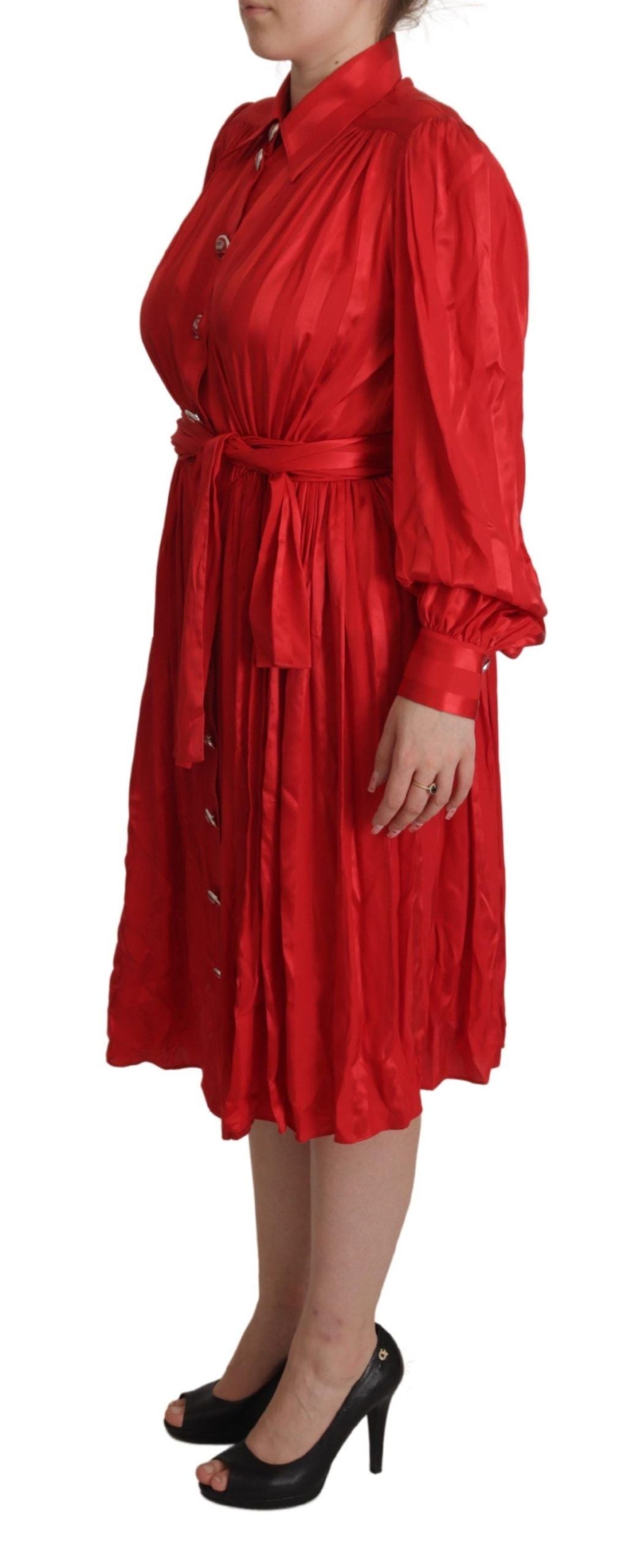 Red Button Down Belted Midi Satin Silk Dress