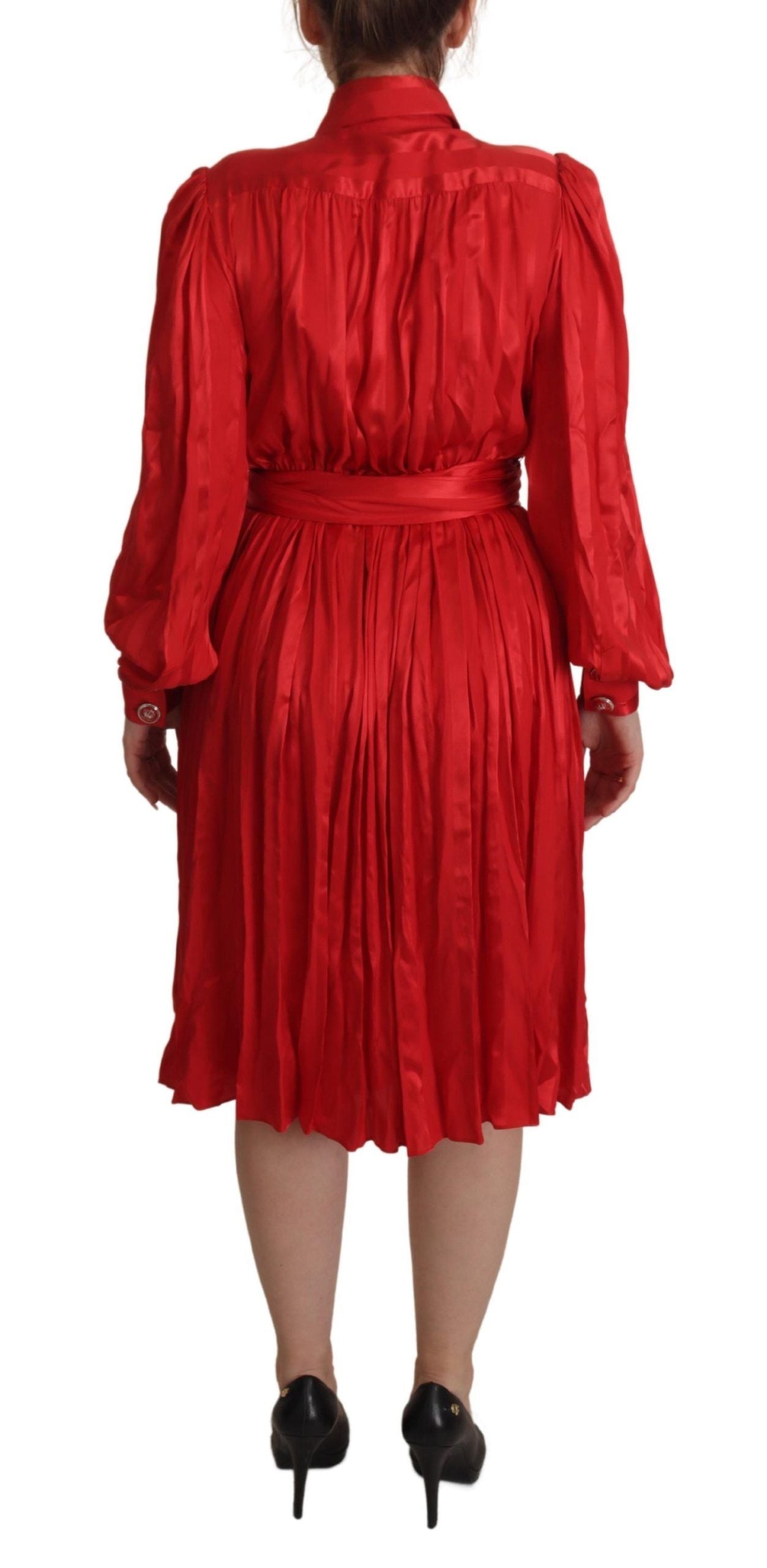 Red Button Down Belted Midi Satin Silk Dress