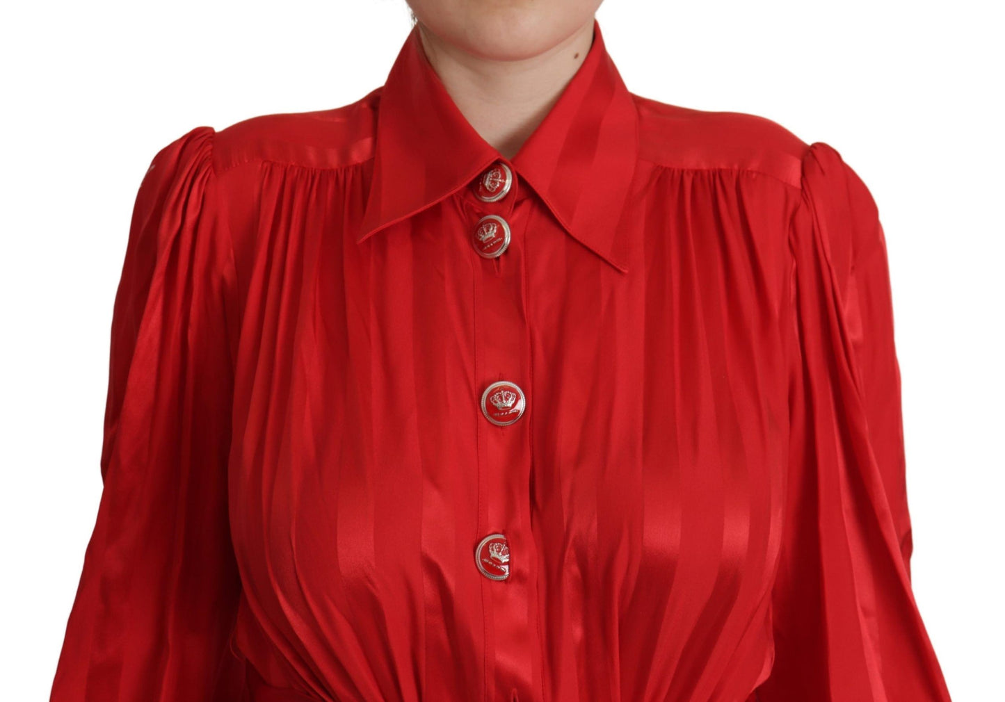 Red Button Down Belted Midi Satin Silk Dress