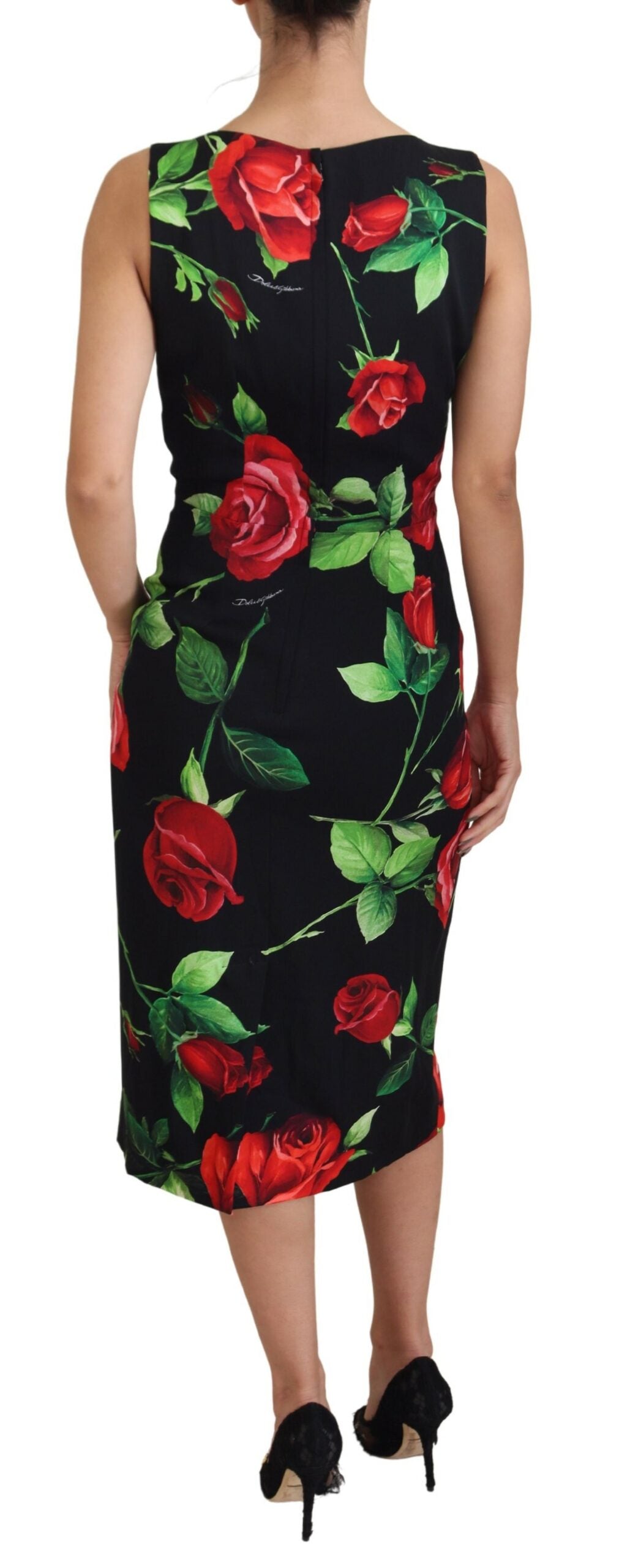 Black Roses Vneck Sleeveless Sheath Midi Dress