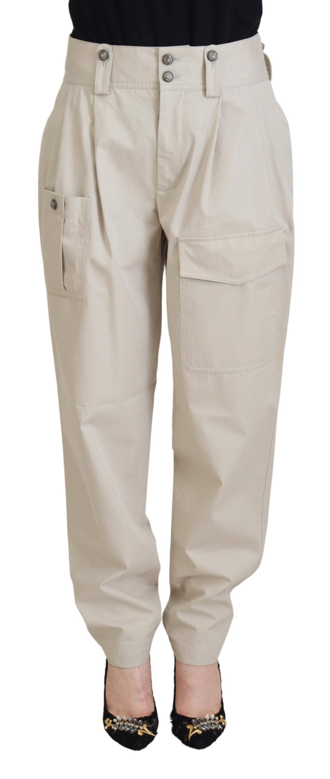 Beige Cotton Women Cargo Pants