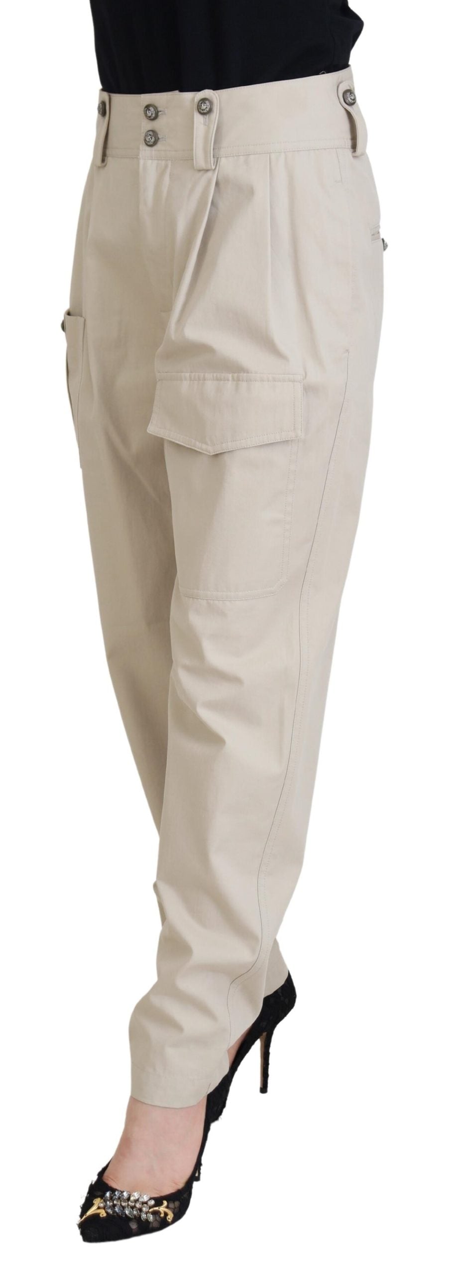 Beige Cotton Women Cargo Pants