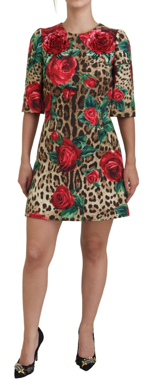 Brown Leopard Red Roses Cotton A-line Dress