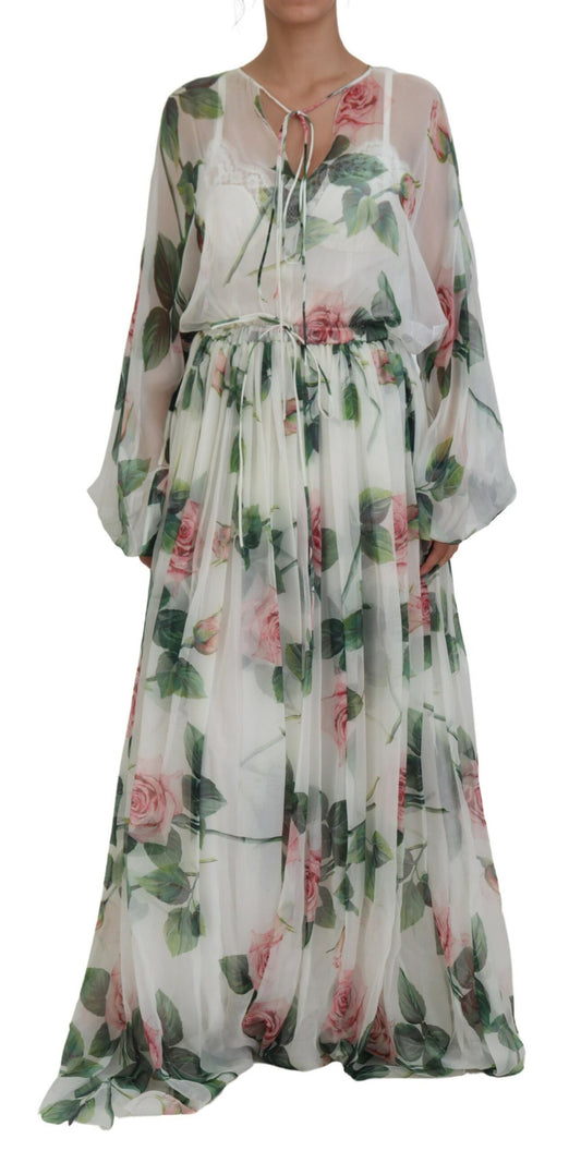 White Floral Roses Silk Maxi Long Gown Dress