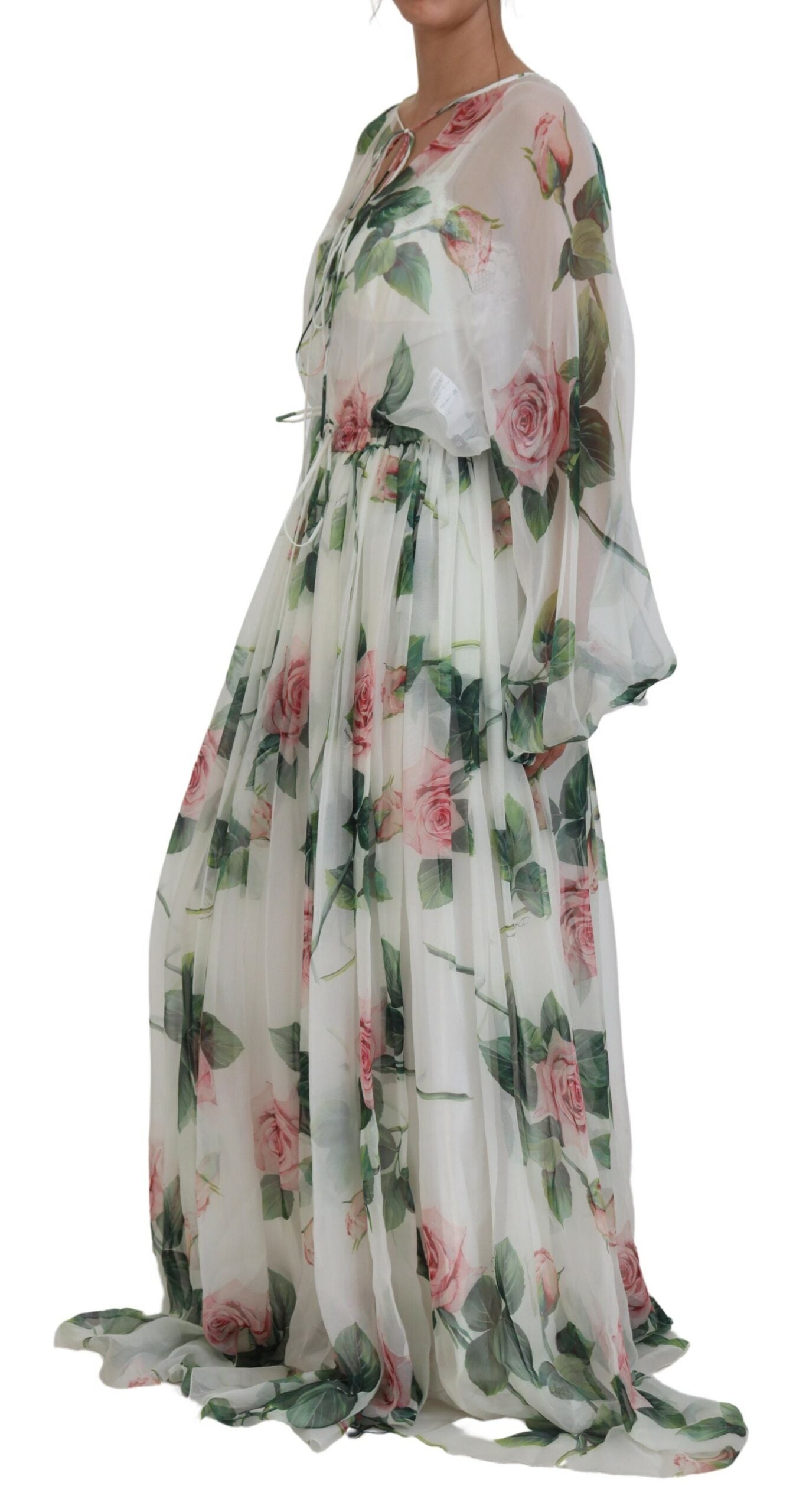 White Floral Roses Silk Maxi Long Gown Dress